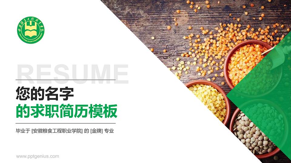 安徽粮食工程职业学院教师/学生通用个人简历PPT模板下载16:9格式PPT封面效果预览图