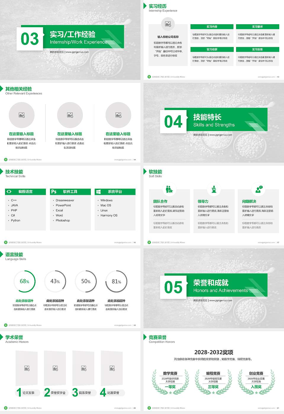 安徽粮食工程职业学院教师/学生通用个人简历PPT模板下载16:9格式幻灯片预览图3