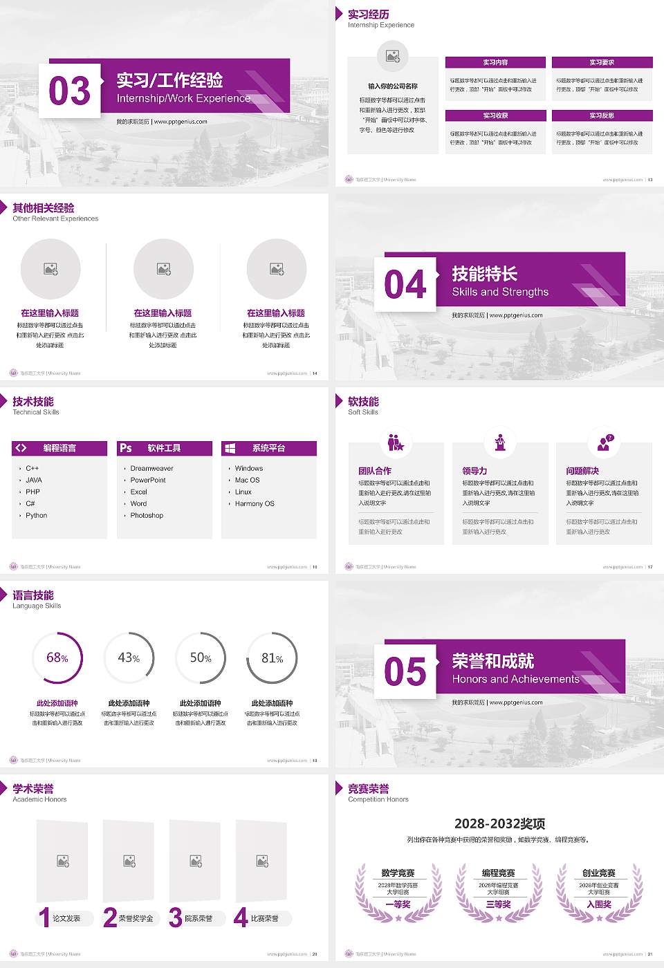 南京理工大学教师/学生通用个人简历PPT模板下载16:9格式幻灯片预览图3