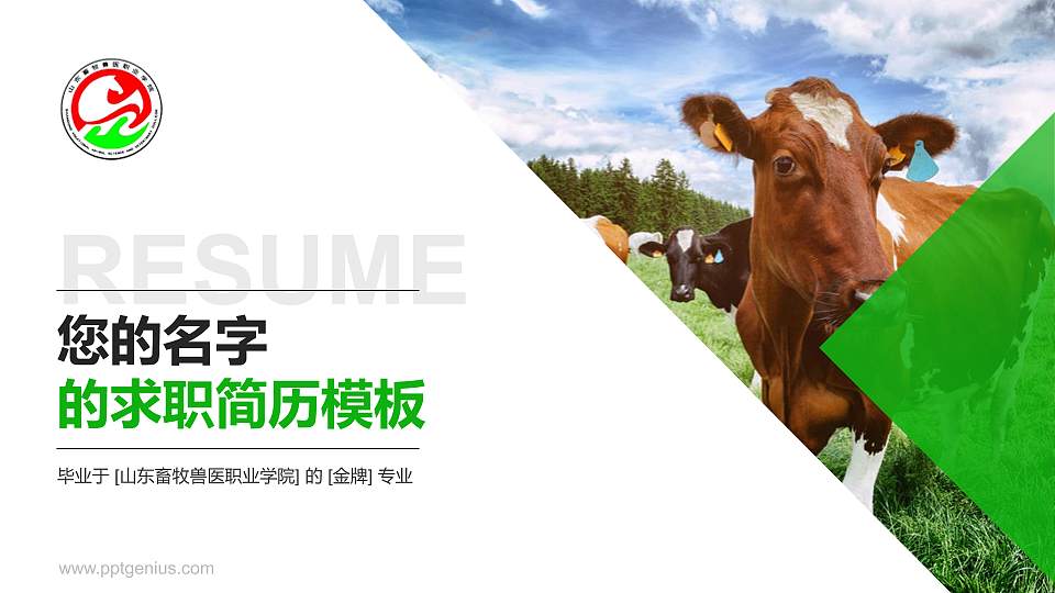 山东畜牧兽医职业学院教师/学生通用个人简历PPT模板下载16:9格式PPT封面效果预览图