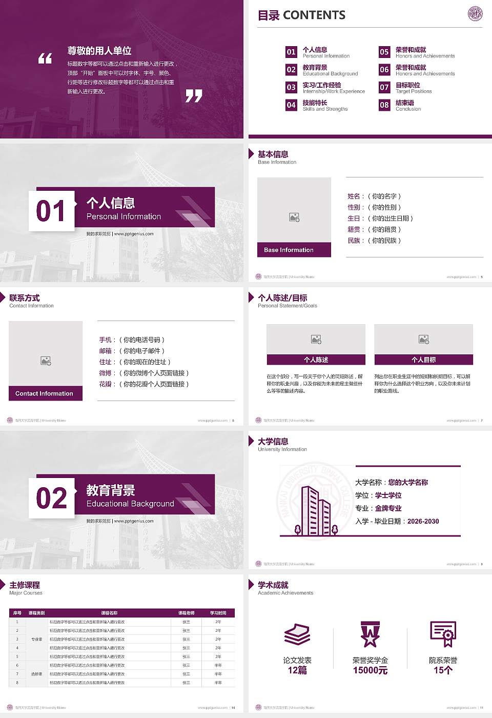 南开大学滨海学院教师/学生通用个人简历PPT模板下载16:9格式幻灯片预览图2