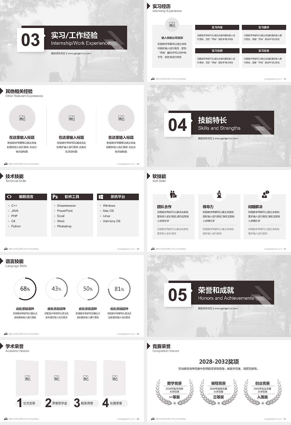 桂林山水职业学院教师/学生通用个人简历PPT模板下载16:9格式幻灯片预览图3