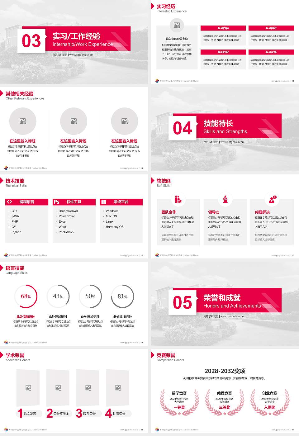 广州涉外经济职业技术学院教师/学生通用个人简历PPT模板下载16:9格式幻灯片预览图3