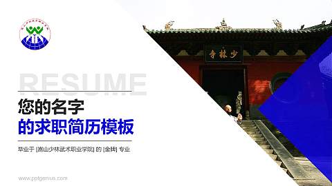 嵩山少林武术职业学院教师/学生通用个人简历PPT模板下载