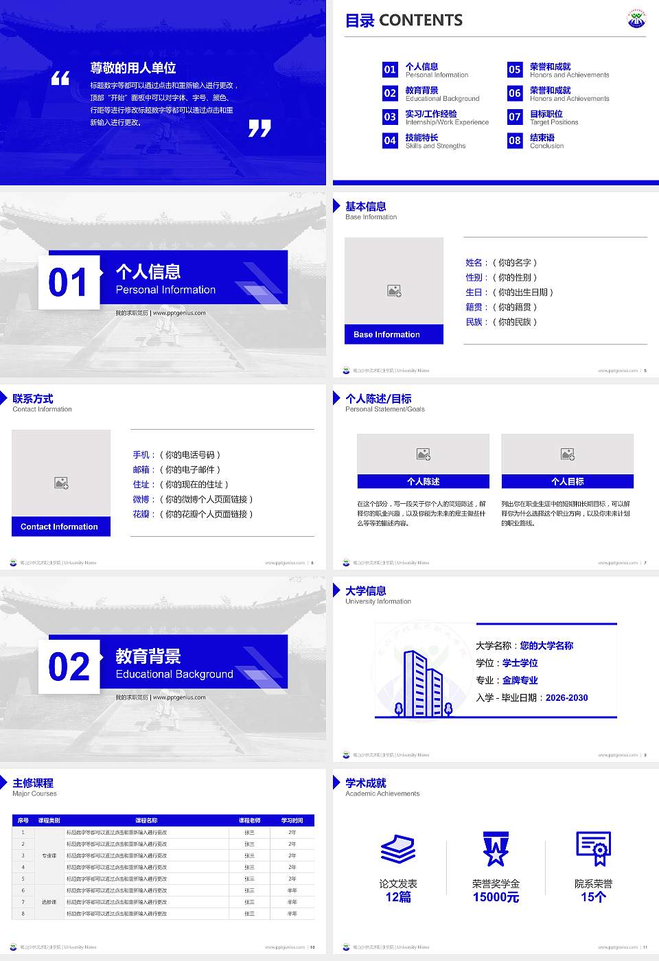 嵩山少林武术职业学院教师/学生通用个人简历PPT模板下载16:9格式幻灯片预览图2