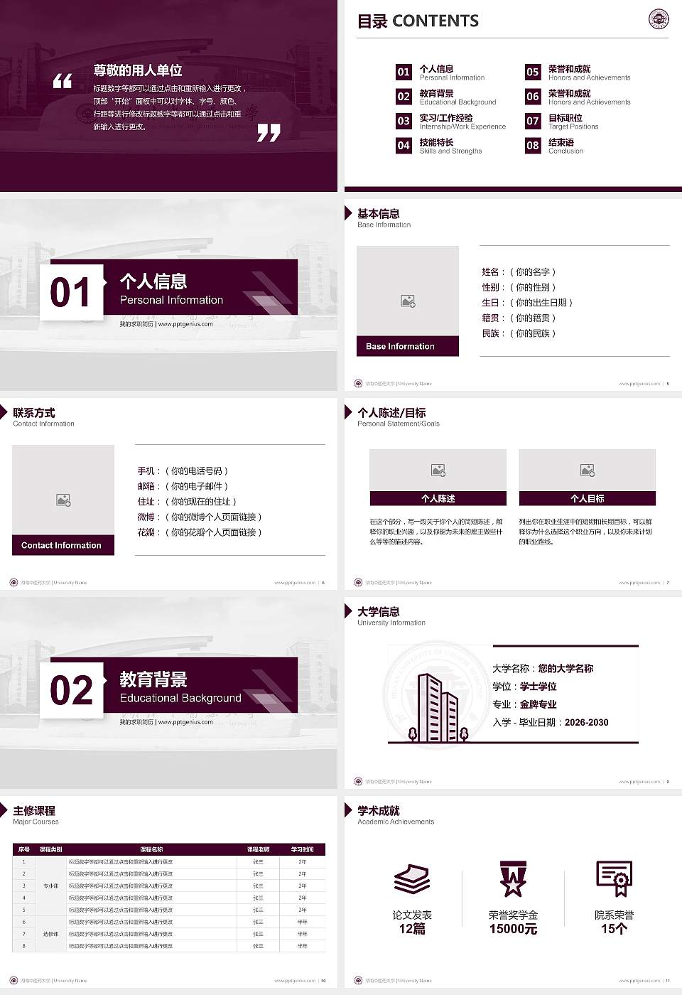 湖南中医药大学教师/学生通用个人简历PPT模板下载16:9格式幻灯片预览图2