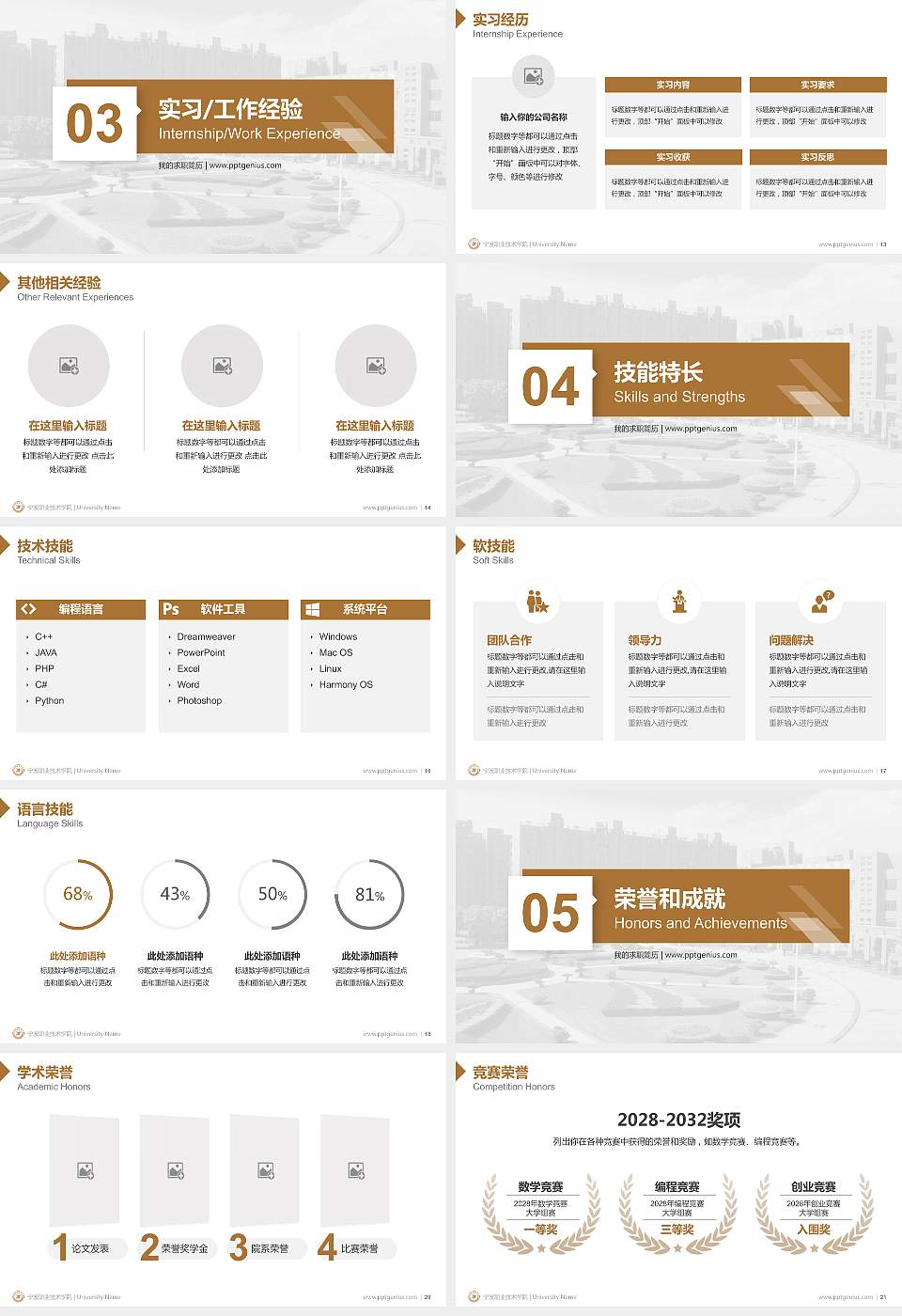 宁波职业技术学院教师/学生通用个人简历PPT模板下载16:9格式幻灯片预览图3