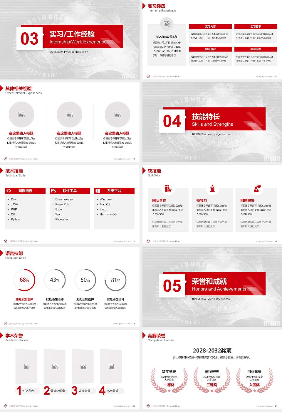 上饶职业技术学院教师/学生通用个人简历PPT模板下载16:9格式幻灯片预览图3