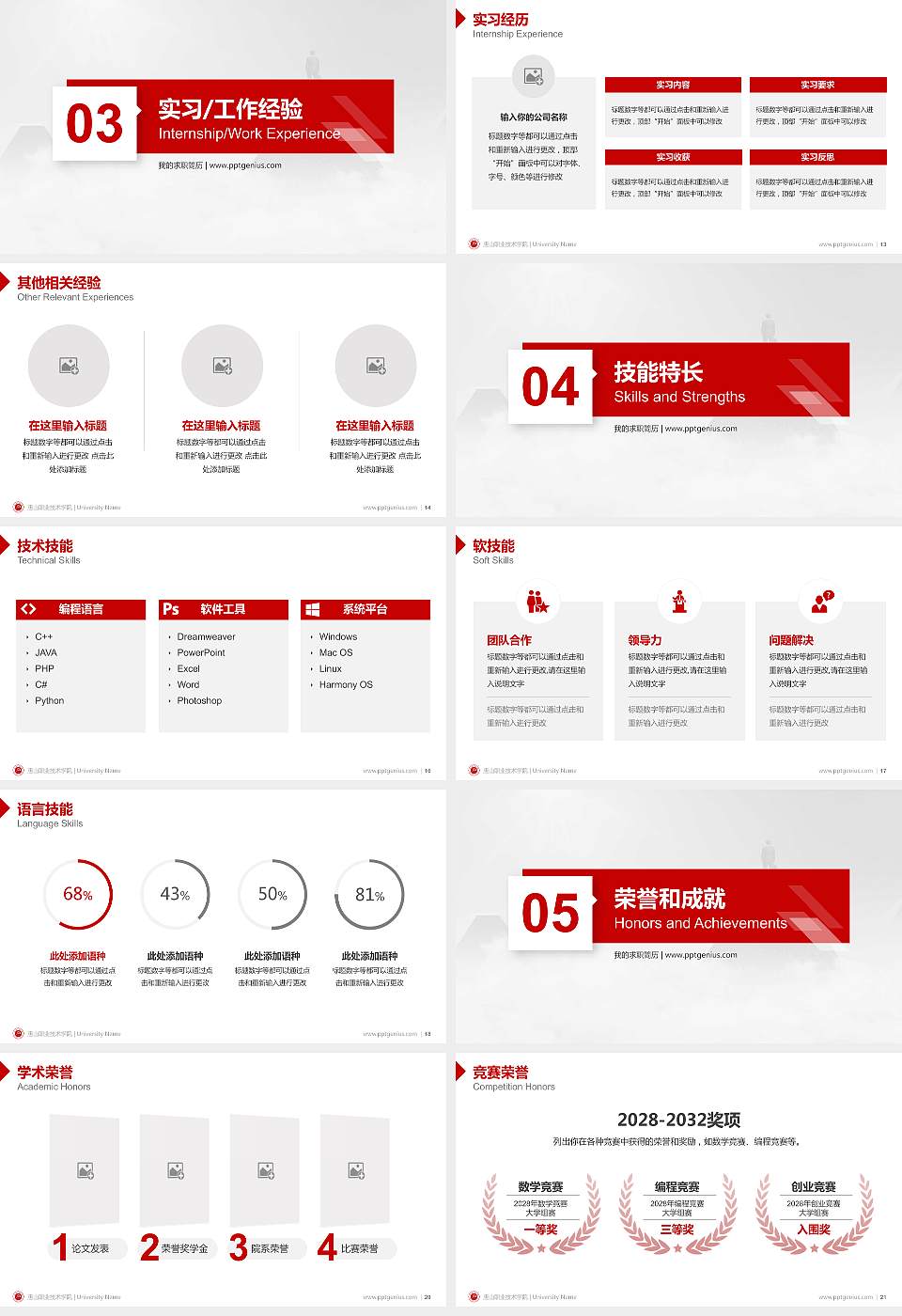 唐山职业技术学院教师/学生通用个人简历PPT模板下载16:9格式幻灯片预览图3