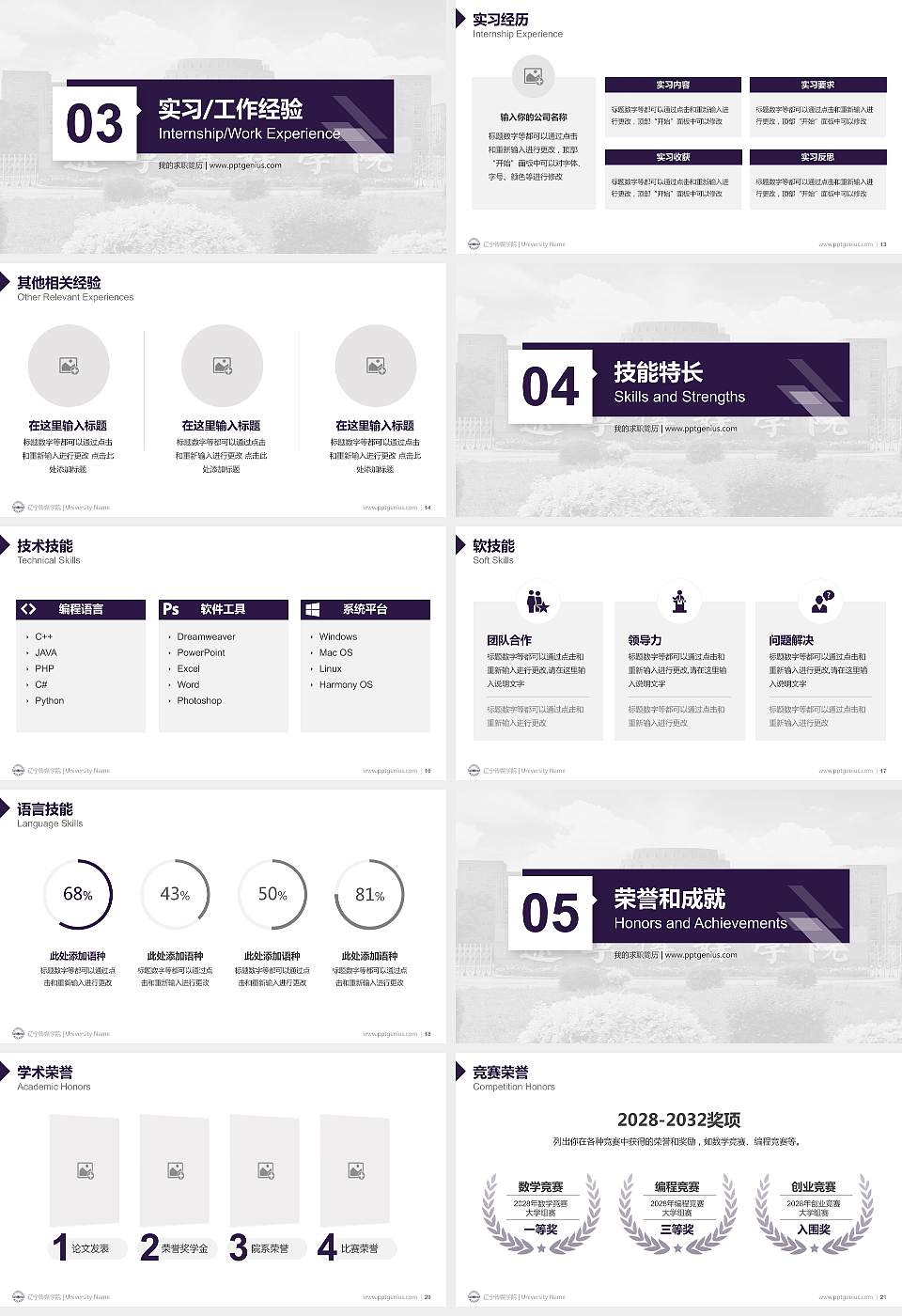 辽宁传媒学院教师/学生通用个人简历PPT模板下载16:9格式幻灯片预览图3
