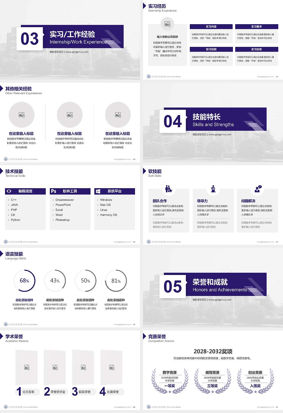 辽宁轻工职业学院教师/学生通用个人简历PPT模板下载16:9格式幻灯片预览图3
