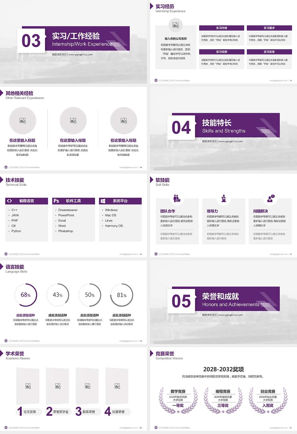 辽宁石油化工大学教师/学生通用个人简历PPT模板下载16:9格式幻灯片预览图3