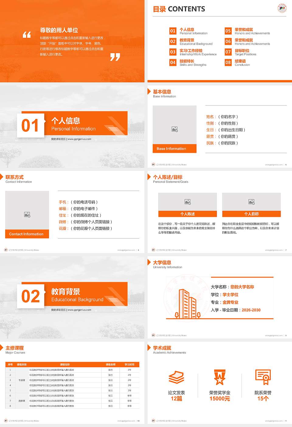 辽宁美术职业学院教师/学生通用个人简历PPT模板下载16:9格式幻灯片预览图2