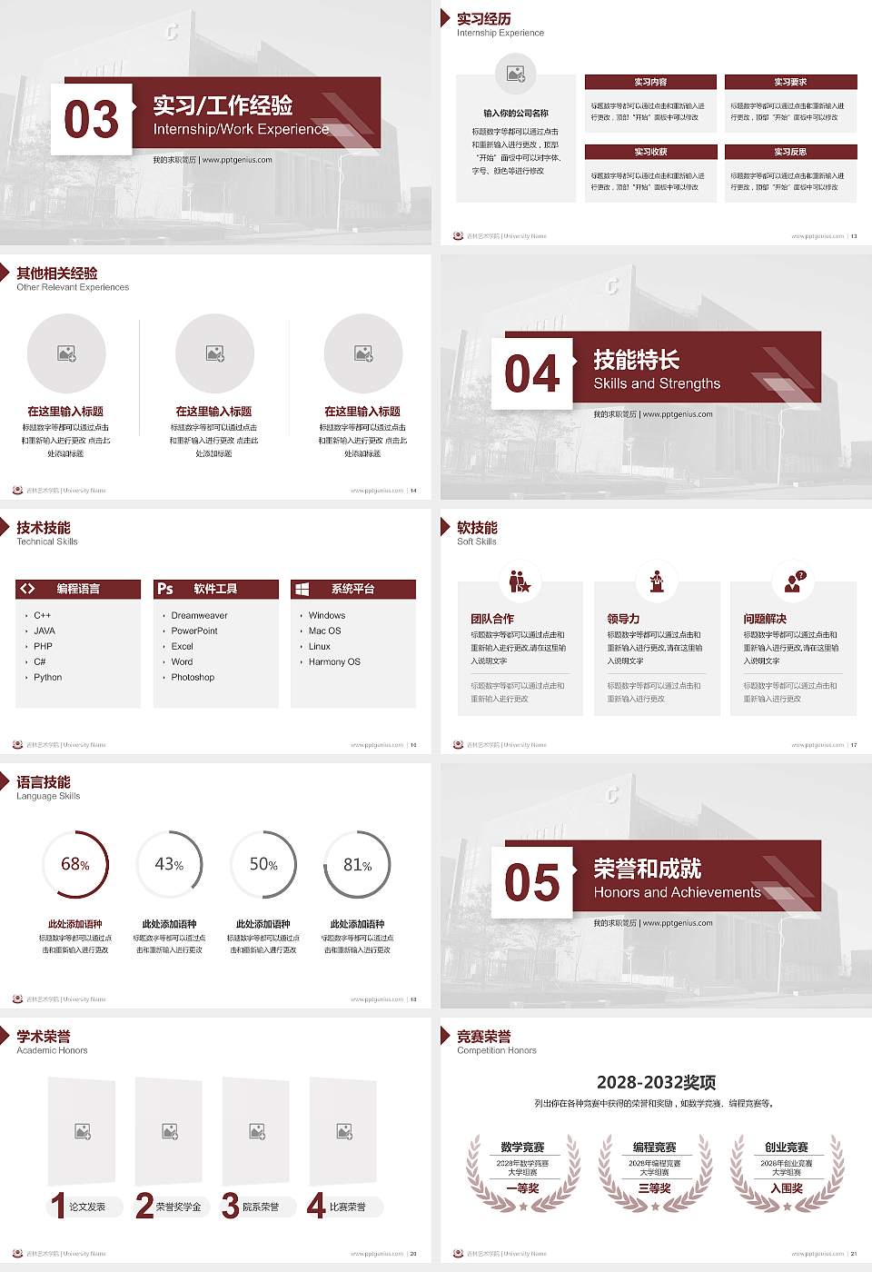 吉林艺术学院教师/学生通用个人简历PPT模板下载16:9格式幻灯片预览图3
