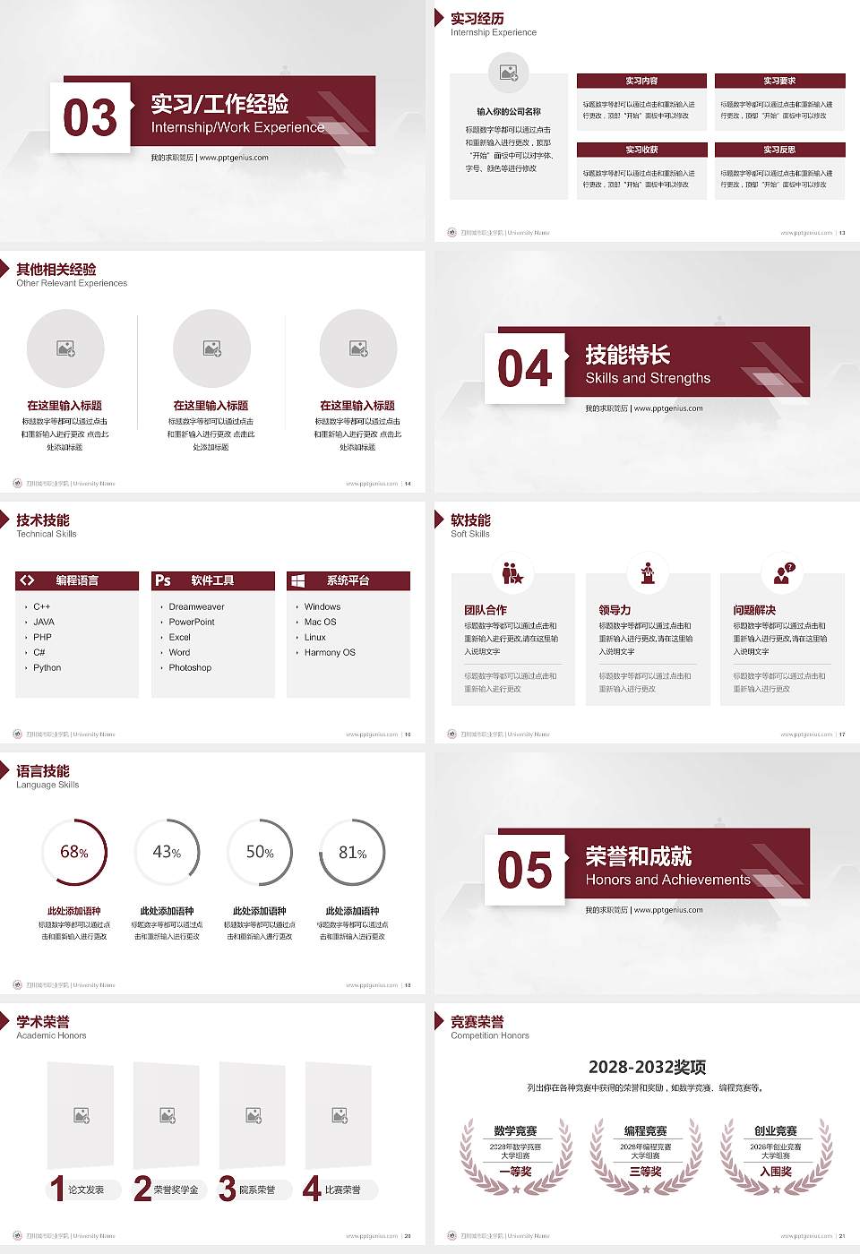四川城市职业学院教师/学生通用个人简历PPT模板下载16:9格式幻灯片预览图3