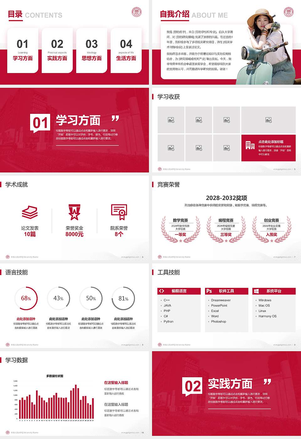 中国人民大学专用国家奖学金答辩PPT模板16:9格式幻灯片预览图2