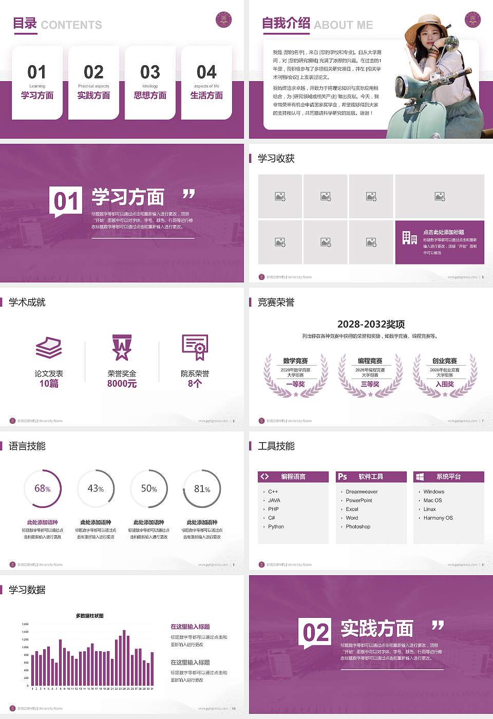 昆明文理学院专用国家奖学金答辩PPT模板16:9格式幻灯片预览图2