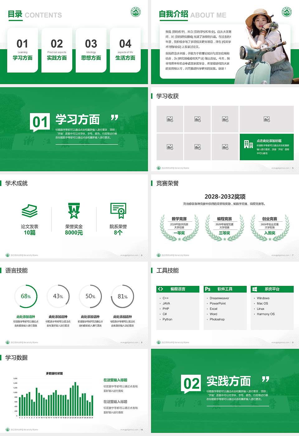 浙江农林大学专用国家奖学金答辩PPT模板16:9格式幻灯片预览图2