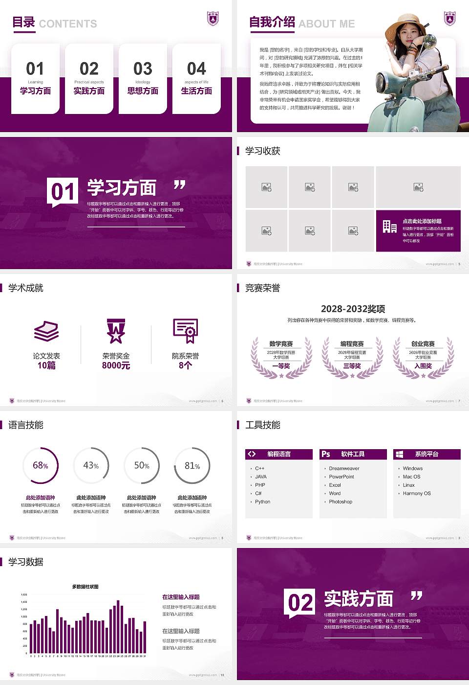南京大学金陵学院专用国家奖学金答辩PPT模板16:9格式幻灯片预览图2