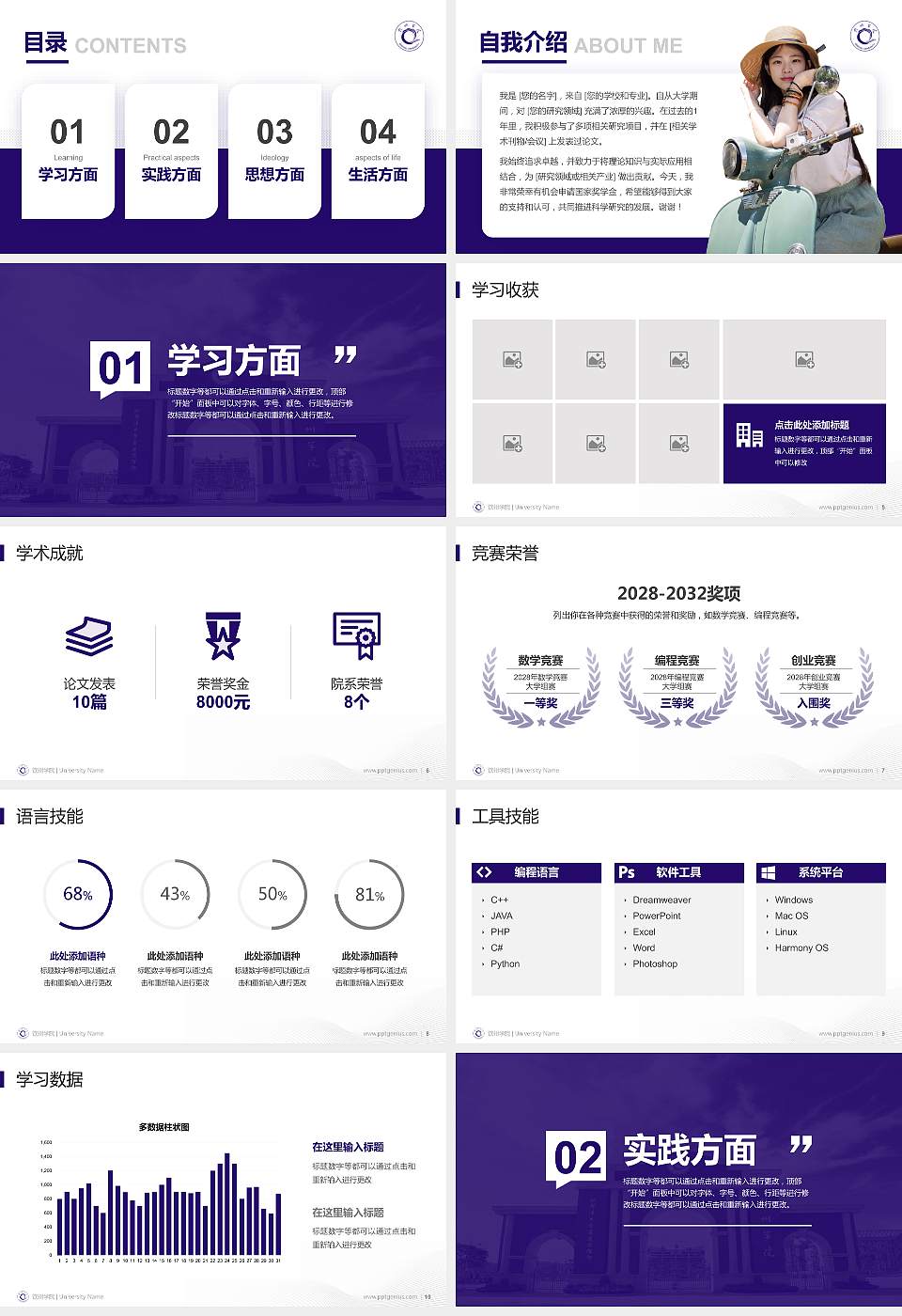 钦州学院专用国家奖学金答辩PPT模板16:9格式幻灯片预览图2