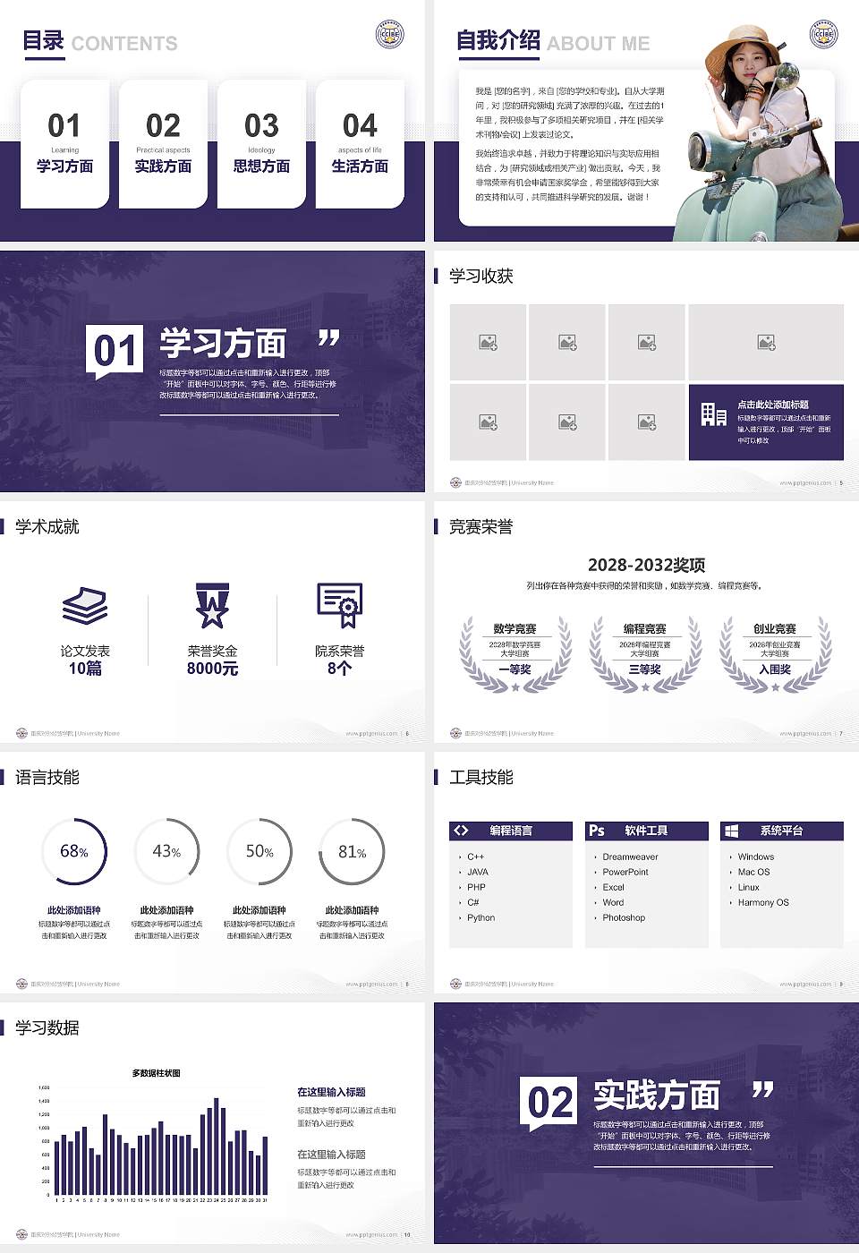 重庆对外经贸学院专用国家奖学金答辩PPT模板16:9格式幻灯片预览图2