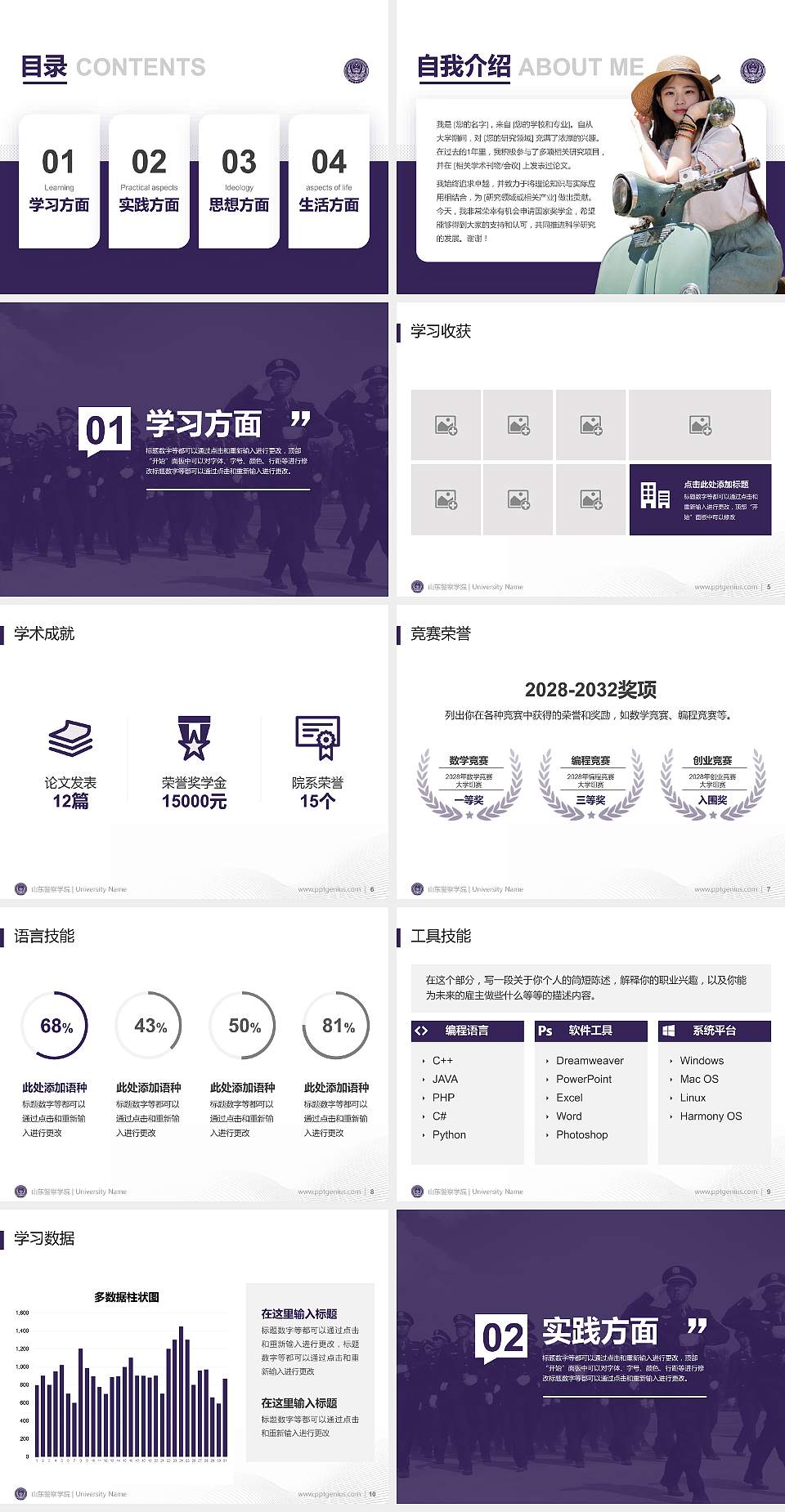 山东警察学院专用国家奖学金答辩PPT模板4:3格式幻灯片预览图2