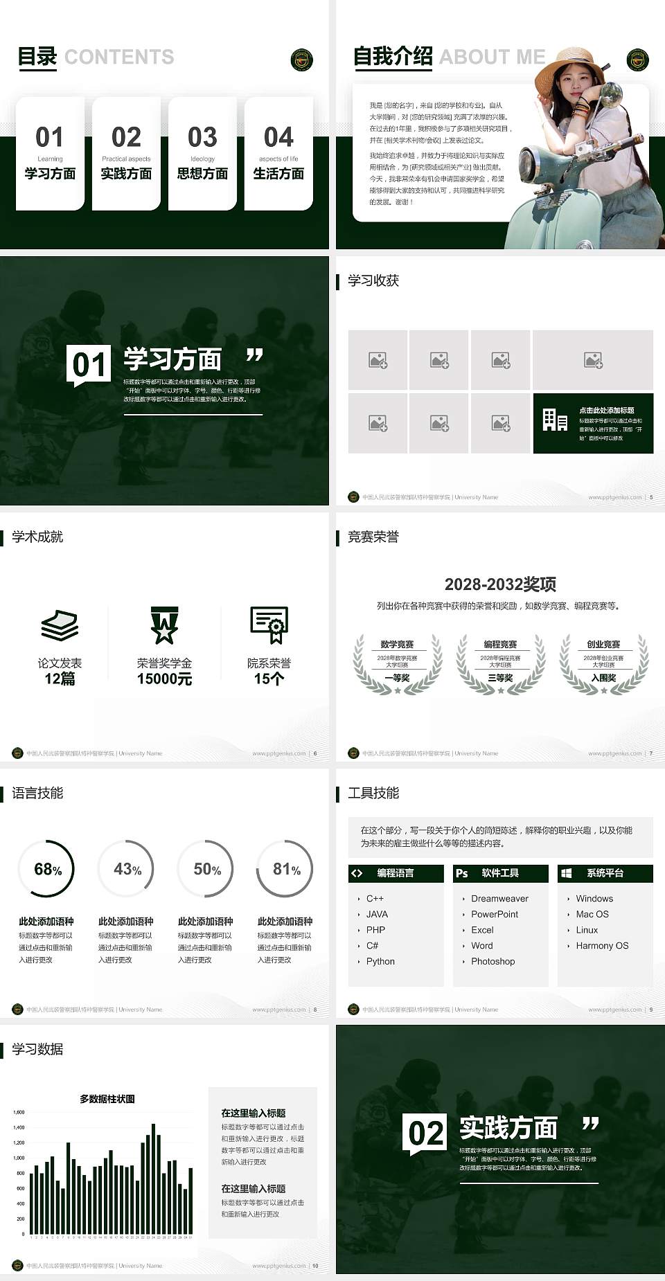 中国人民武装警察部队特种警察学院专用国家奖学金答辩PPT模板4:3格式幻灯片预览图2