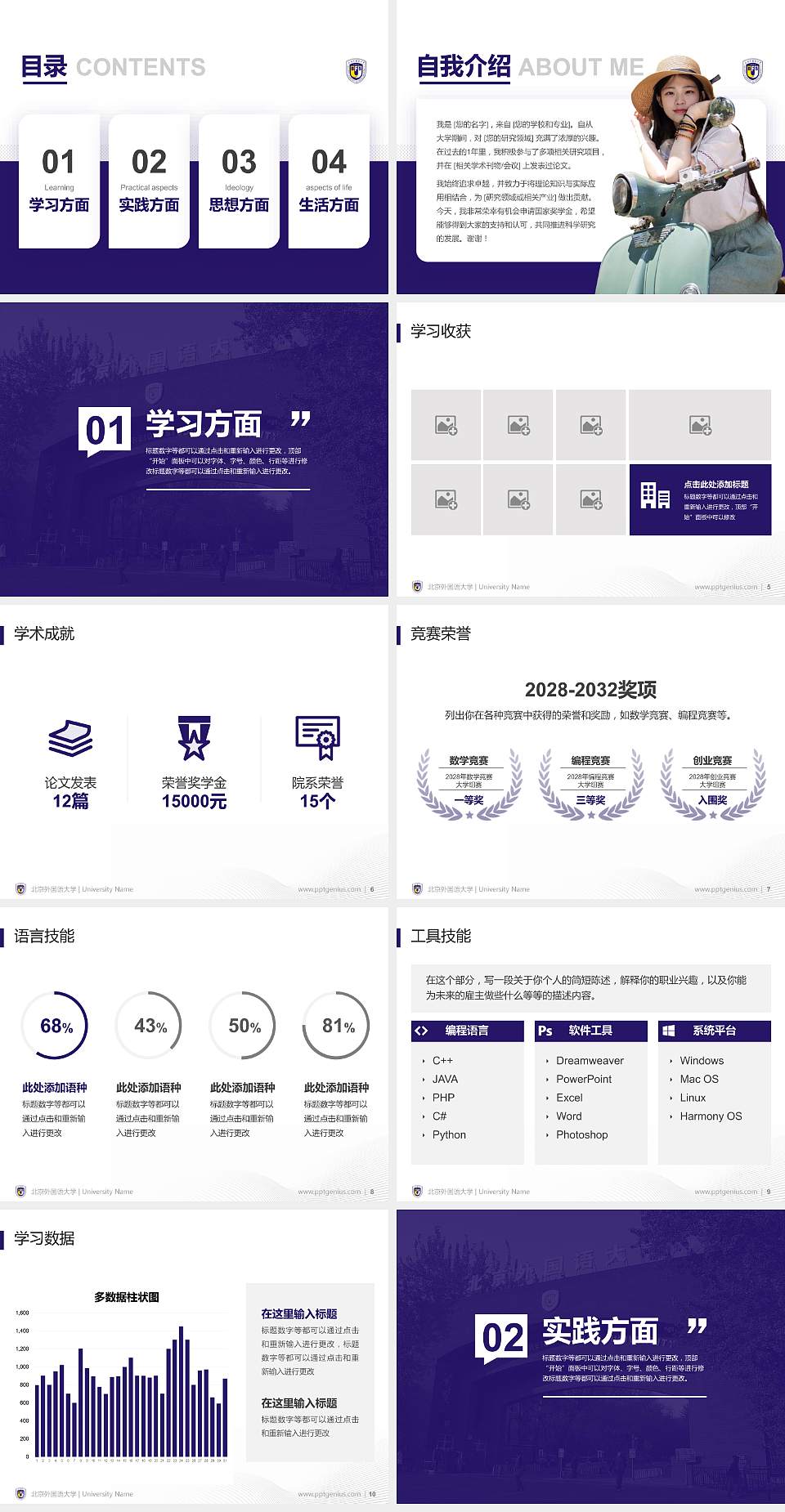 北京外国语大学专用国家奖学金答辩PPT模板4:3格式幻灯片预览图2