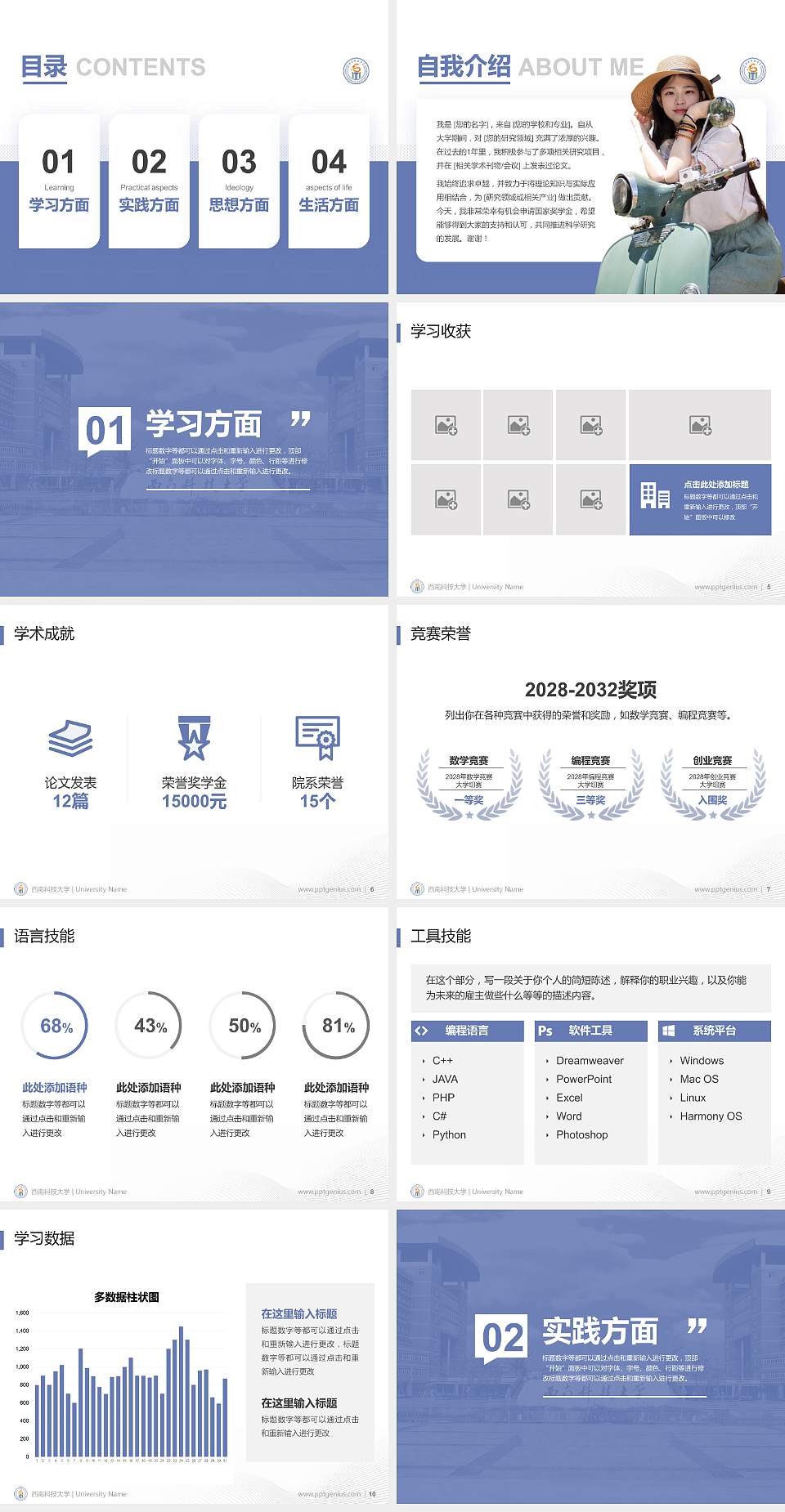西南科技大学专用国家奖学金答辩PPT模板4:3格式幻灯片预览图2