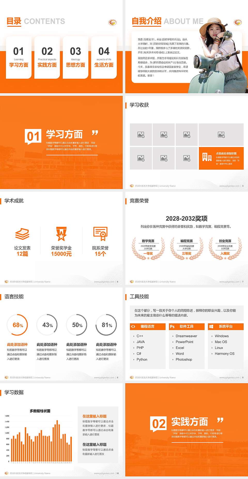 四川外国语大学成都学院专用国家奖学金答辩PPT模板4:3格式幻灯片预览图2