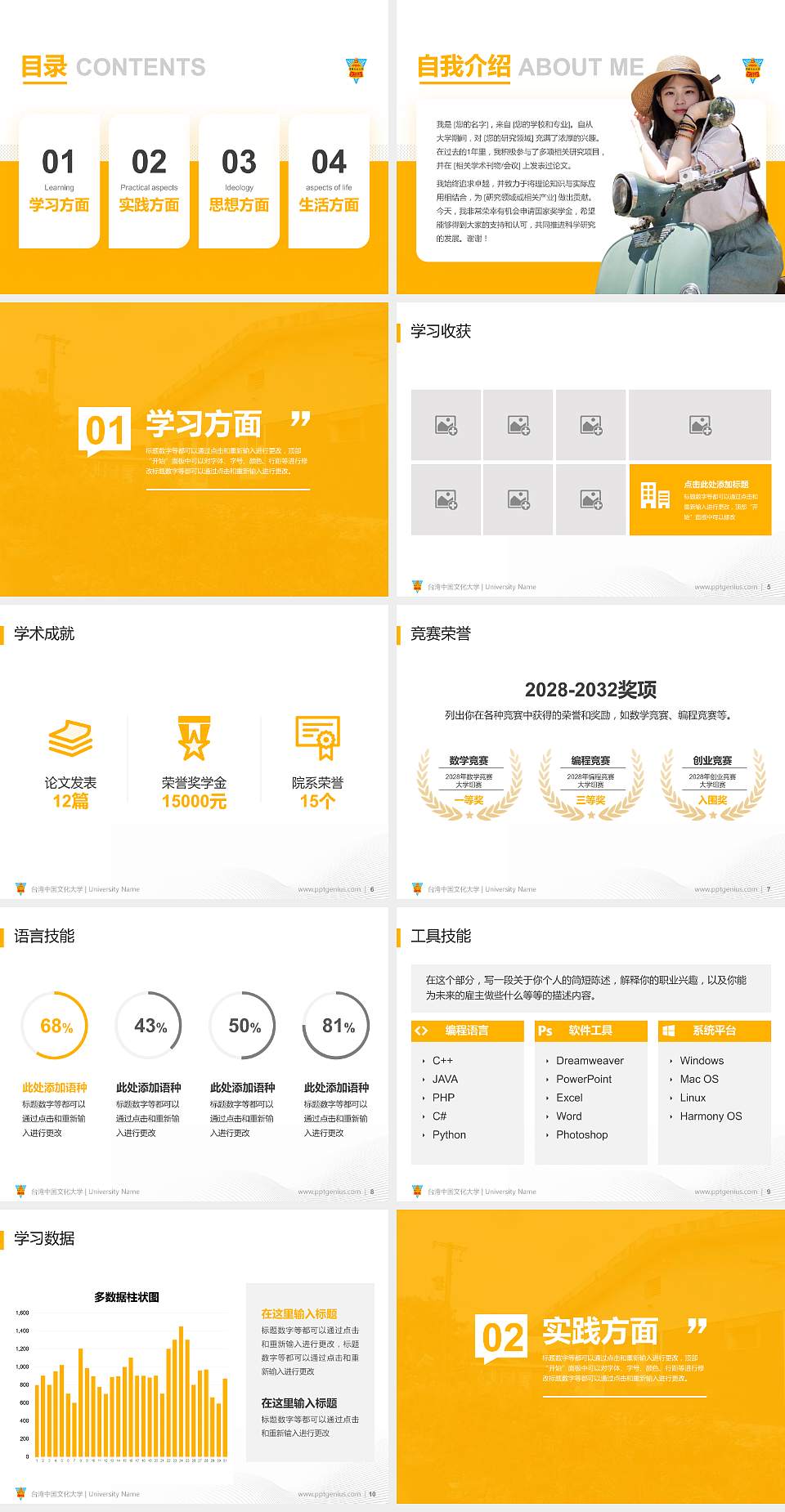 台湾中国文化大学专用国家奖学金答辩PPT模板4:3格式幻灯片预览图2