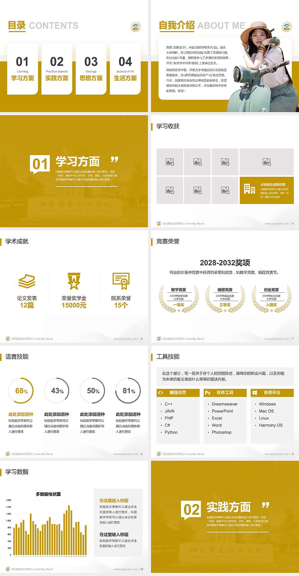 烟台黄金职业学院专用国家奖学金答辩PPT模板4:3格式幻灯片预览图2