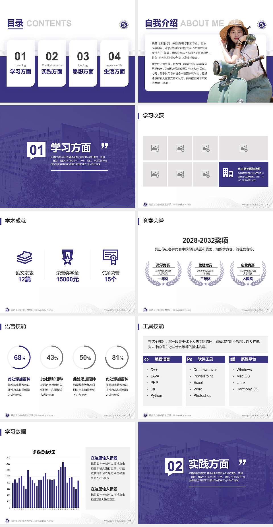 陕西工业职业技术学院专用国家奖学金答辩PPT模板4:3格式幻灯片预览图2