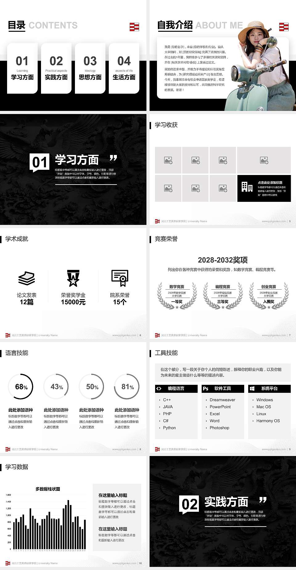 河北工艺美术职业学院专用国家奖学金答辩PPT模板4:3格式幻灯片预览图2