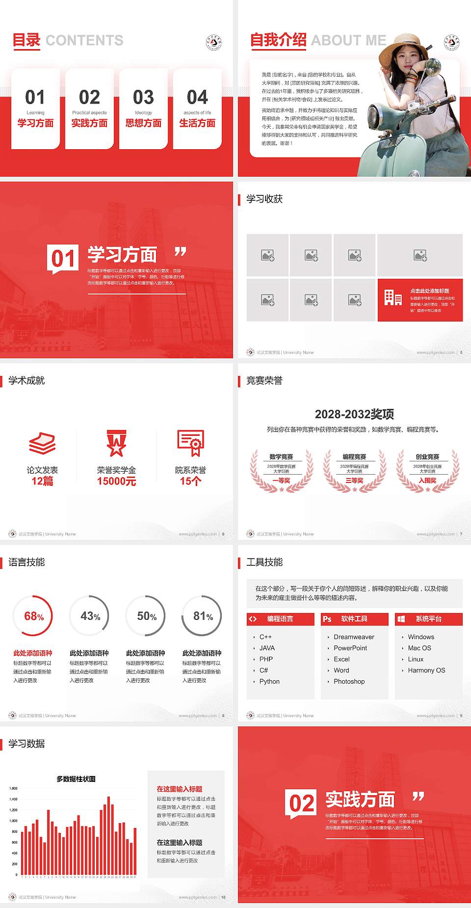 武汉文理学院专用国家奖学金答辩PPT模板4:3格式幻灯片预览图2