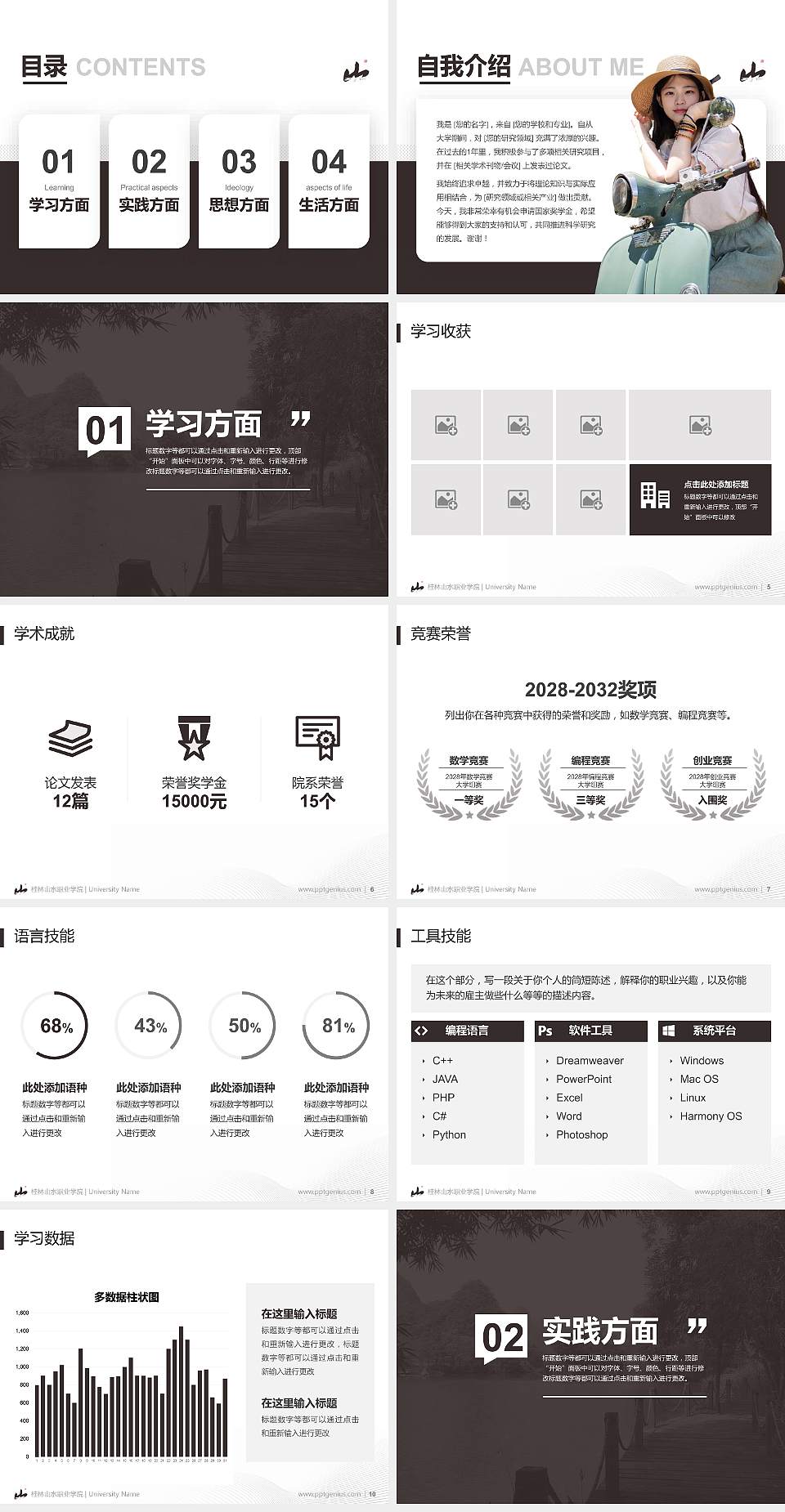 桂林山水职业学院专用国家奖学金答辩PPT模板4:3格式幻灯片预览图2