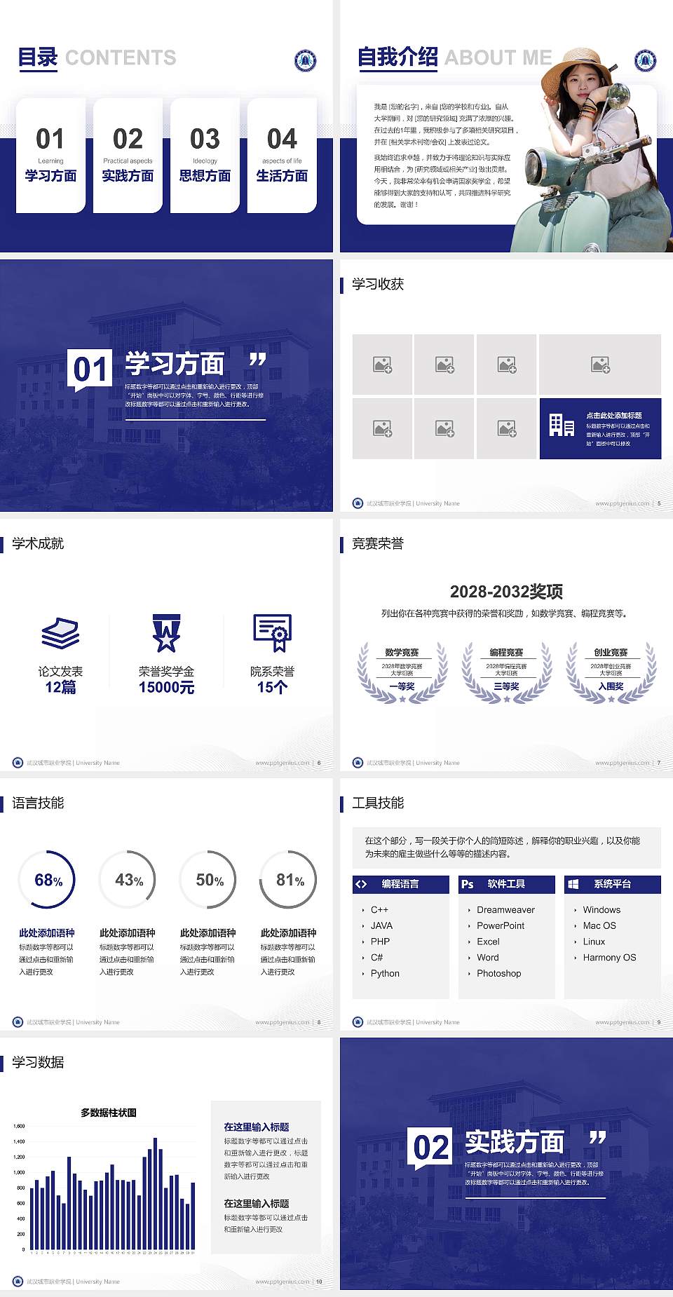 武汉城市职业学院专用国家奖学金答辩PPT模板4:3格式幻灯片预览图2