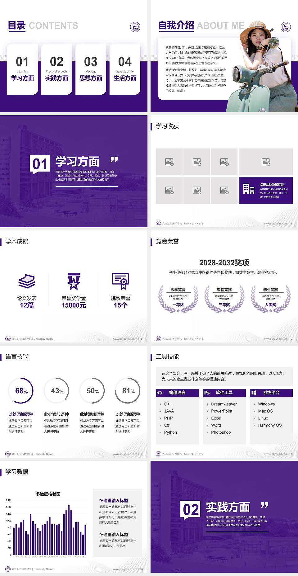 九江职业技术学院专用国家奖学金答辩PPT模板4:3格式幻灯片预览图2