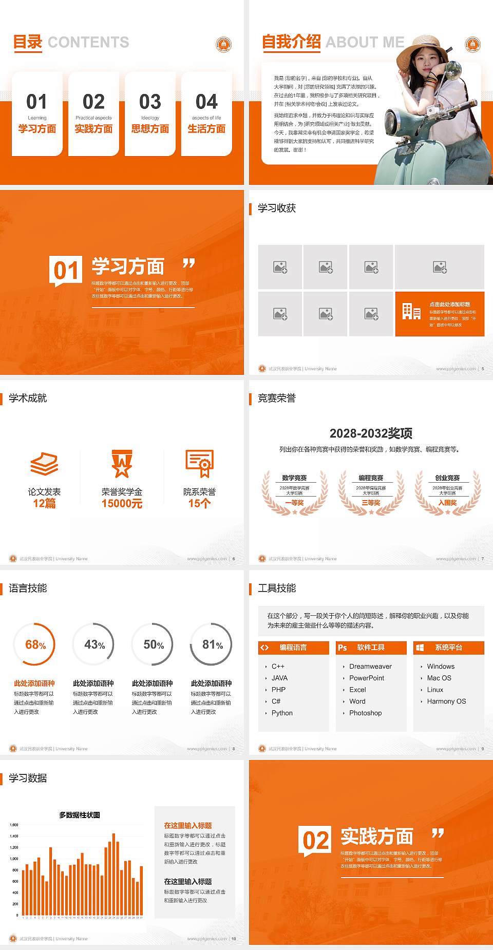 武汉民政职业学院专用国家奖学金答辩PPT模板4:3格式幻灯片预览图2