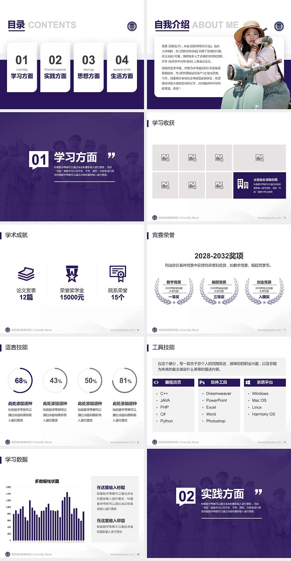 南京森林警察学院专用国家奖学金答辩PPT模板4:3格式幻灯片预览图2