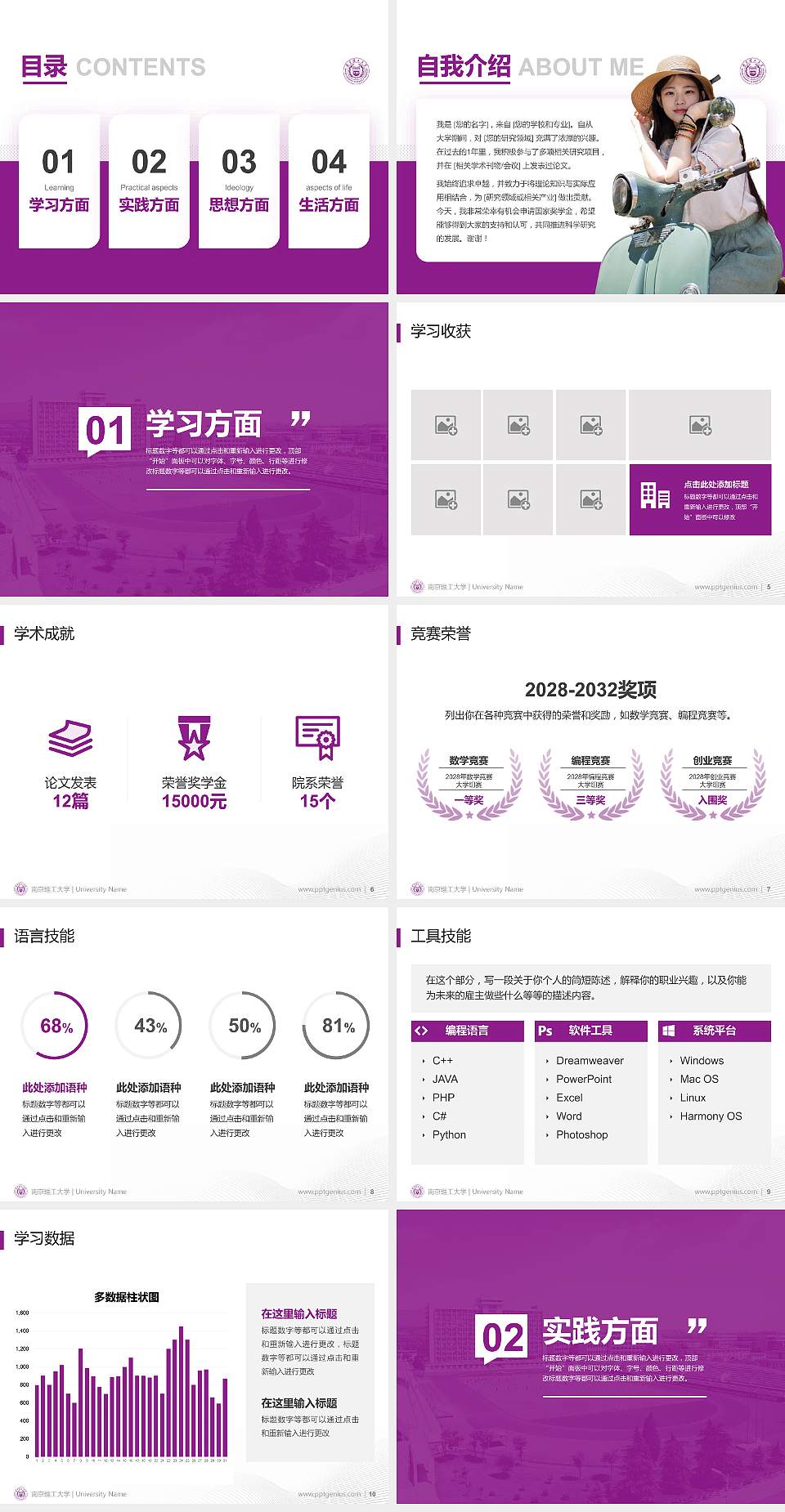 南京理工大学专用国家奖学金答辩PPT模板4:3格式幻灯片预览图2
