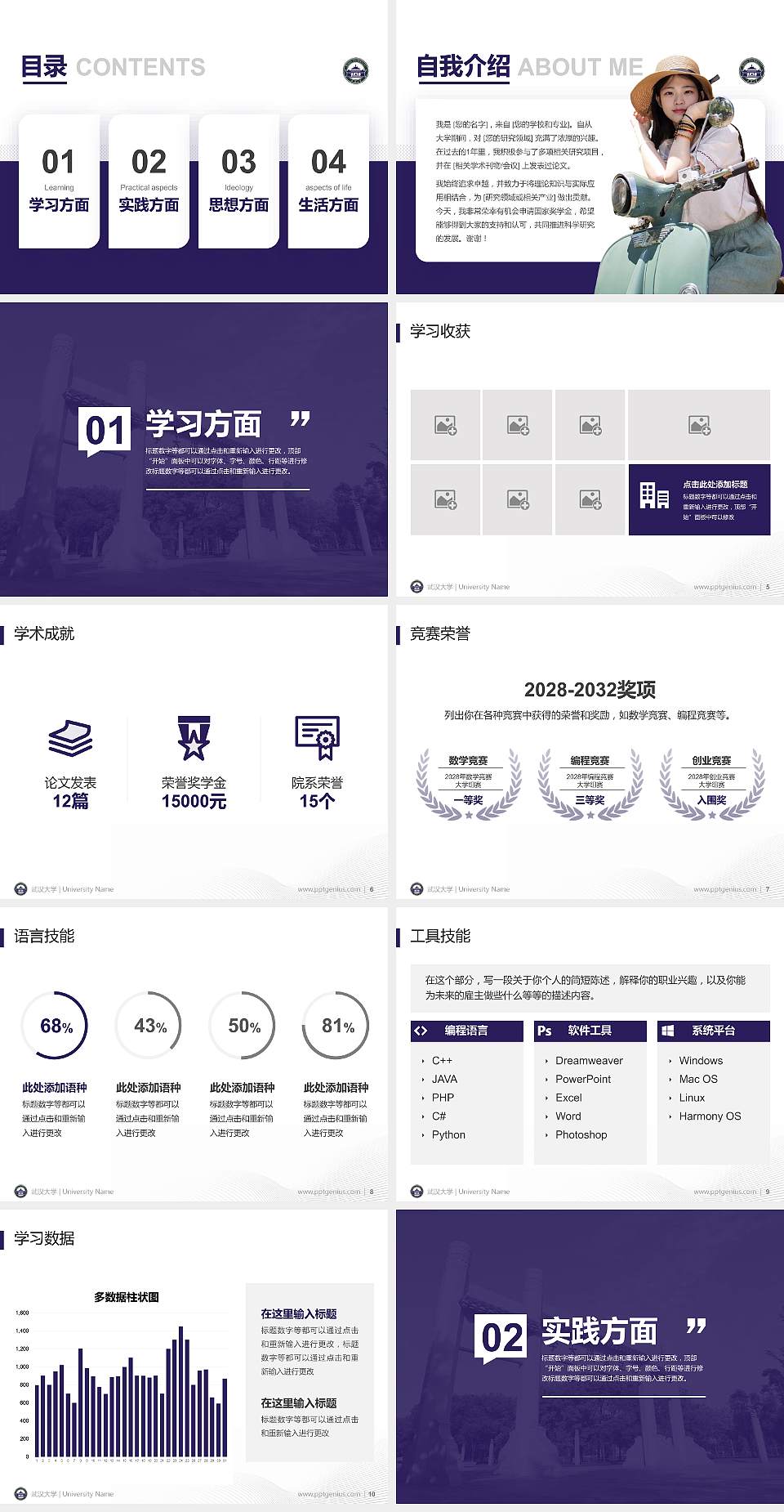 武汉大学专用国家奖学金答辩PPT模板4:3格式幻灯片预览图2