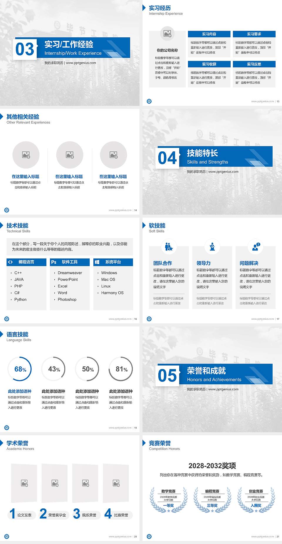 毕节工业职业技术学院教师/学生通用个人简历PPT模板下载4:3格式幻灯片预览图3