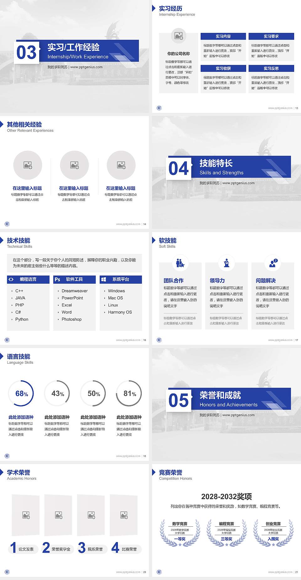常德职业技术学院教师/学生通用个人简历PPT模板下载4:3格式幻灯片预览图3