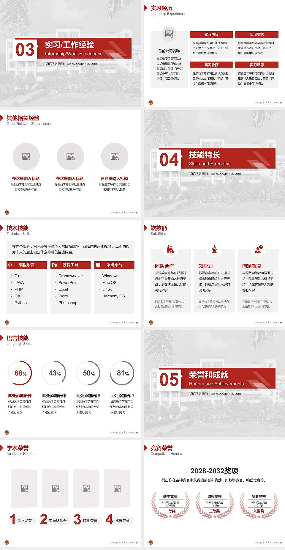 广西理工职业技术学院教师/学生通用个人简历PPT模板下载4:3格式幻灯片预览图3