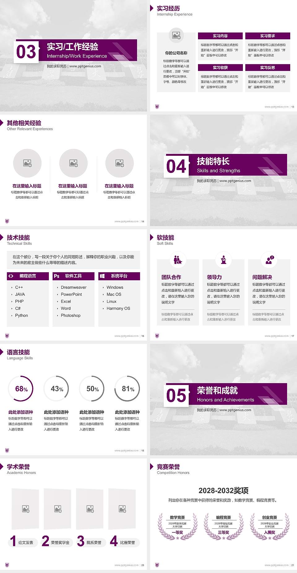 南京大学金陵学院教师/学生通用个人简历PPT模板下载4:3格式幻灯片预览图3