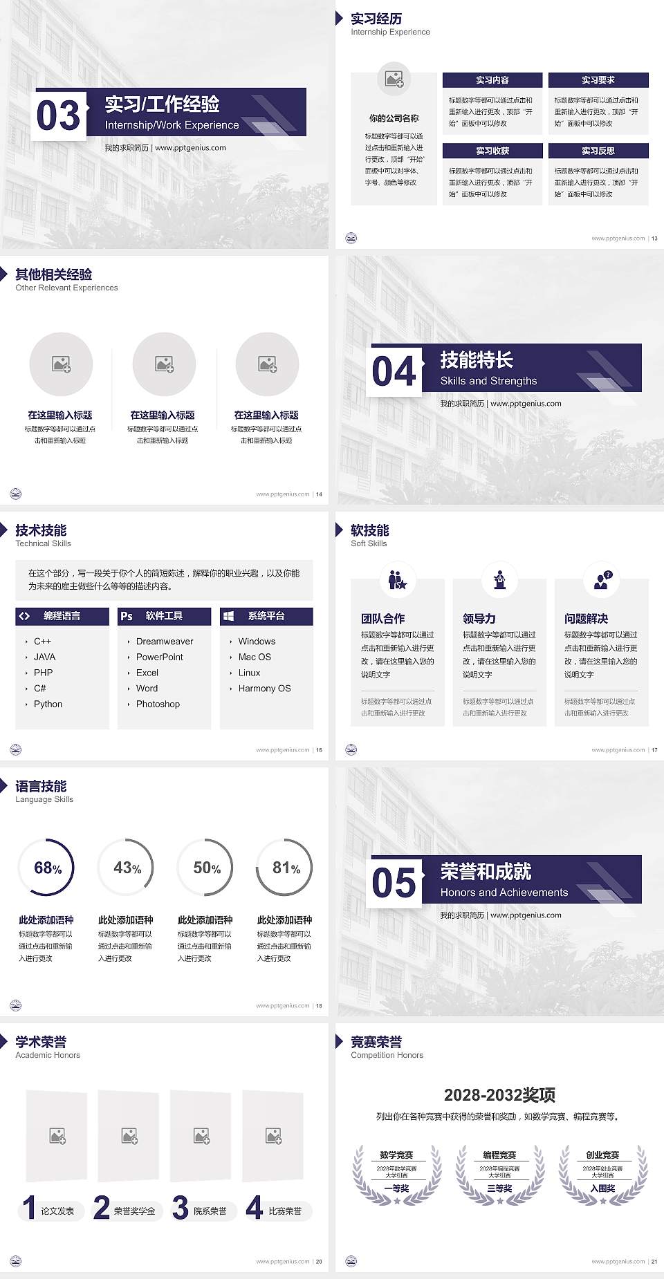 贵州工程职业学院教师/学生通用个人简历PPT模板下载4:3格式幻灯片预览图3