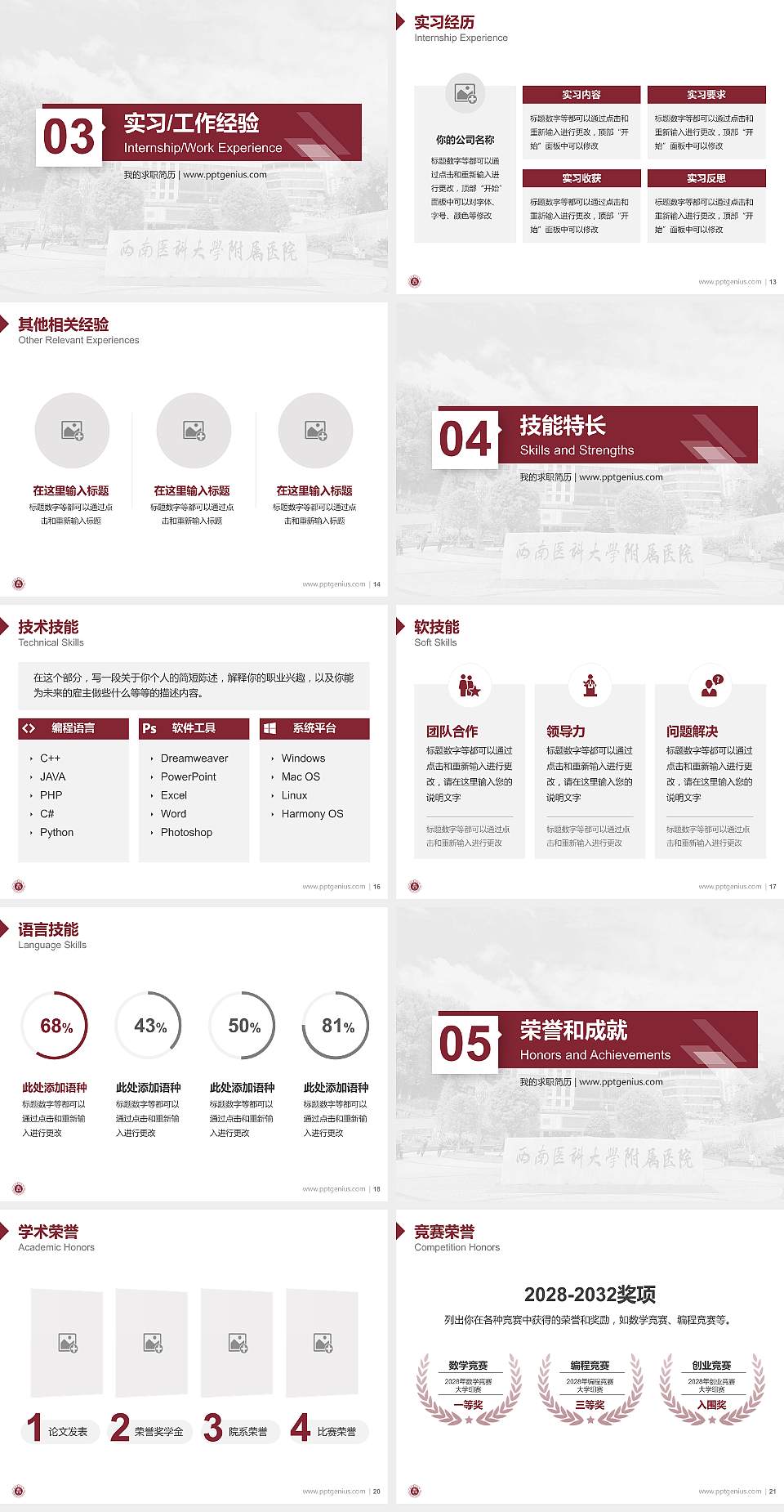 西南医科大学教师/学生通用个人简历PPT模板下载4:3格式幻灯片预览图3