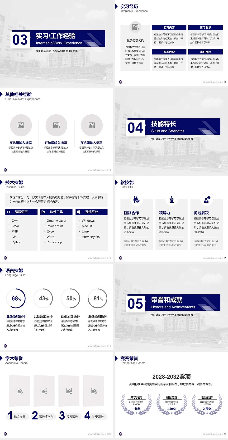 贵港职业学院教师/学生通用个人简历PPT模板下载4:3格式幻灯片预览图3