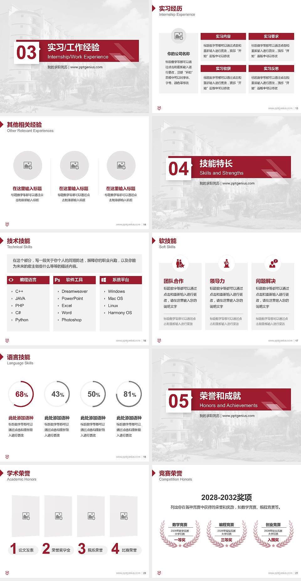 福州黎明职业技术学院教师/学生通用个人简历PPT模板下载4:3格式幻灯片预览图3